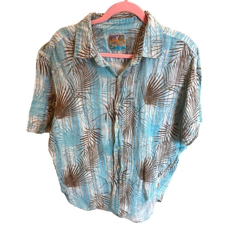 It's 5 O'clock Somewhere Shirt Mens Large Hawiian Button Up Plam Leaf & Stripes